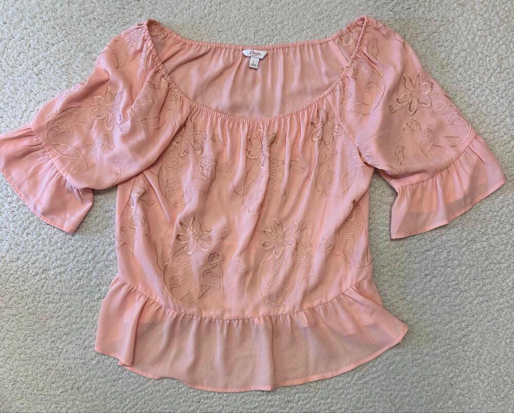 Candies Womens Bell Sleeve Embroidered Blouse Large